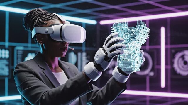 Black female engineer wearing VR goggles and robotic gloves interacts with a blue holographic 3D engine model. Modern laboratory with neon lighting. Ideal for tech and innovation content.