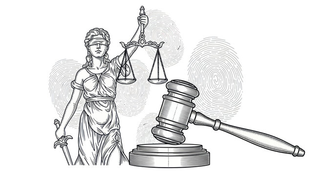 Lady justice with scales and gavel in hand drawn style