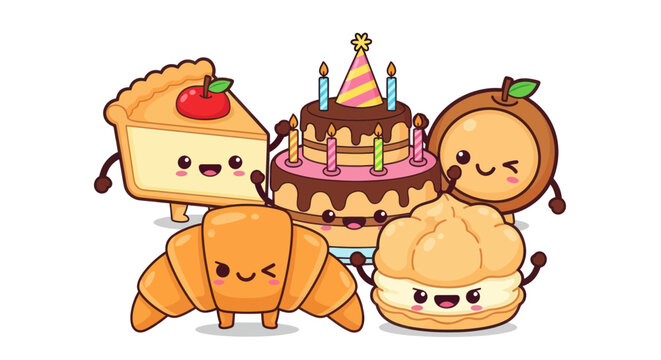 Cute kawaii dessert characters celebrating with birthday cake