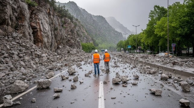 Landslide disaster blocking mountain road with massive rocks, debris, mud and fallen trees. Emergency inspectors assess infrastructure damage and geological hazard after heavy rain