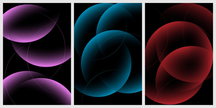 Abstract glowing gradient sphere background collection with futuristic neon orbital shapes on dark black