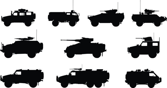 Military Vehicle Silhouette Collection with Armored Transport and Tactical Combat Trucks Vector Set