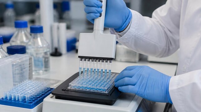 Close up of scientist pipetting into microplate in lab