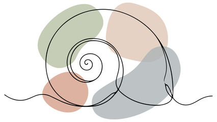 Minimalist snail shell outline drawn with a single continuous black line over soft pastel coloured organic shapes on white background © Uzair