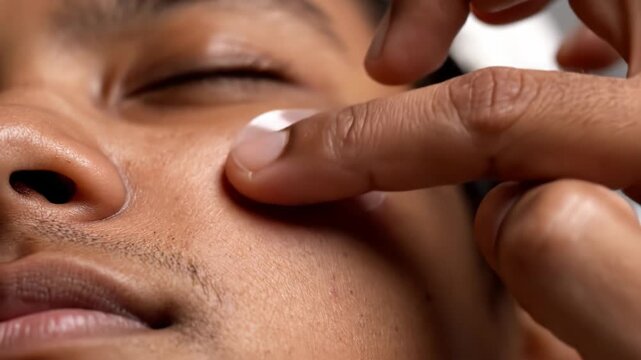 Close up person applying circular hydrocolloid pimple patch to facial blemish. Demonstrates skincare routine for acne treatment. Useful for dermatological advice or marketing acne products.