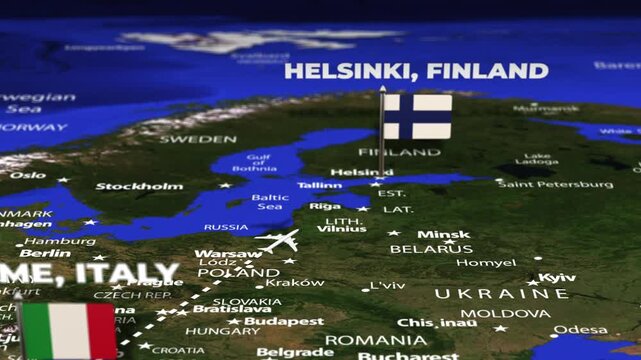 Flight From Rome ITALY to Helsinki FINLAND with flag pins