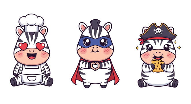 Cute Cartoon Zebra Characters in Funny Costumes and Outfits.