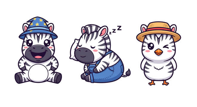 Cute Cartoon Zebras Wearing Various Funny Outfits Sleeping.