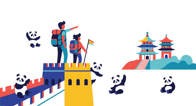 Travelers exploring historic wall with pandas and pagodas