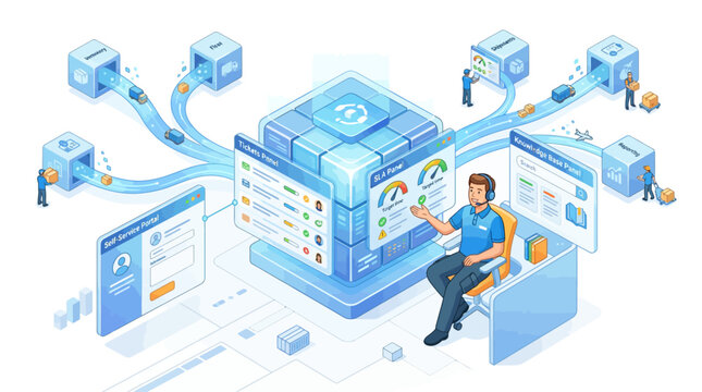 Isometric IT Service Management System with Support Agent and Digital Operations Workflow for Business Productivity and Cloud Infrastructure Visualization