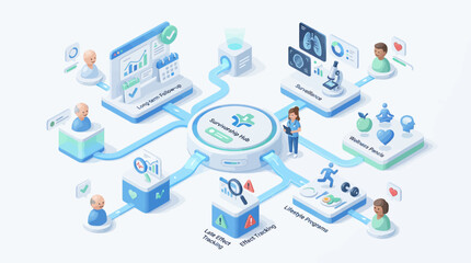 Fototapeta premium Isometric medical survivorship hub infographic showing patient monitoring wellness programs and clinical data tracking for healthcare digital transformation and hospital management