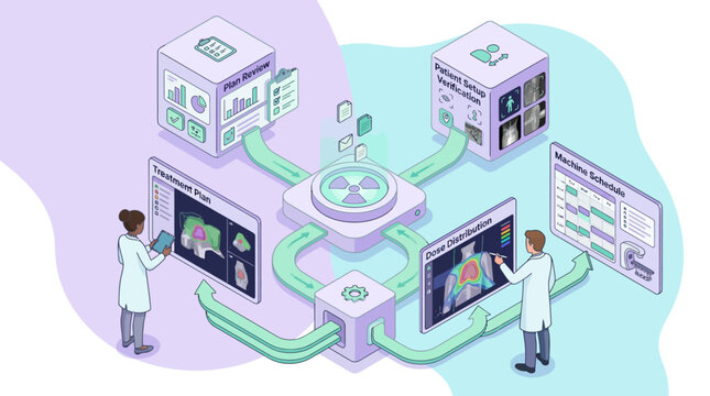 Isometric radiation oncology workflow illustration with medical staff analyzing radiotherapy treatment plans and patient data for digital healthcare and cancer treatment planning presentation