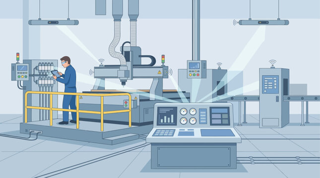 Isometric smart factory illustration with engineer using tablet for digital manufacturing and industrial automation control in modern production facility