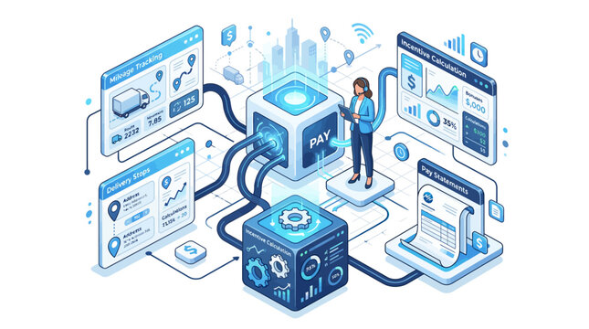Isometric digital payment and payroll management system with data analytics dashboards and professional operator for fintech business and corporate financial technology software development