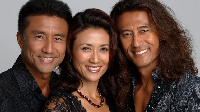 Three smiling individuals pose closely together against a neutral background, showcasing familial warmth and connection.
