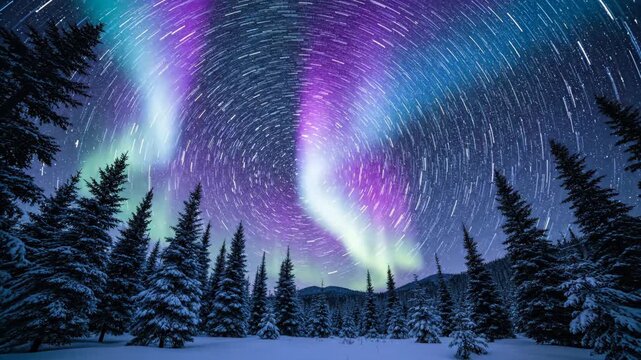 A breathtaking time-lapse captures the vibrant aurora borealis and swirling star trails above a serene, snow-covered winter forest.