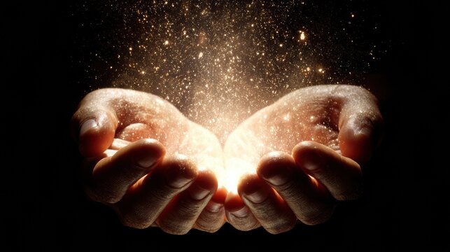 Sparkling golden dust pours from open hands. Hands cradle shimmering particles in bright cinematic glow. Open palms hold luminous gold particles that cascade beautifully in warm lighting