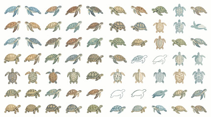 Collection of various turtle illustrations in different poses and styles, showcasing diversity. © Eza