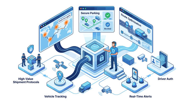 Isometric logistics security dashboard illustration featuring supply chain management fleet tracking route optimization and digital shipment protection for corporate business presentation and website