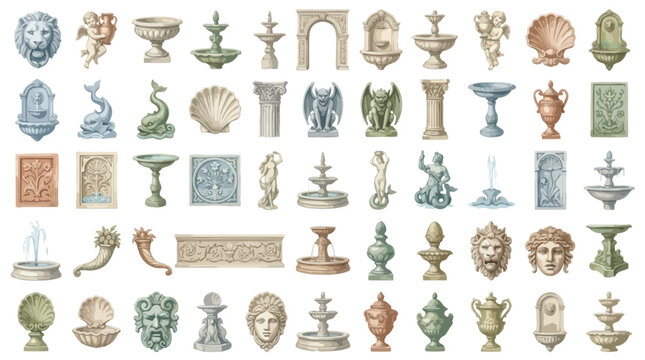 Collection of antique architectural elements and decorative sculptures, including fountains, urns, and gargoyles.