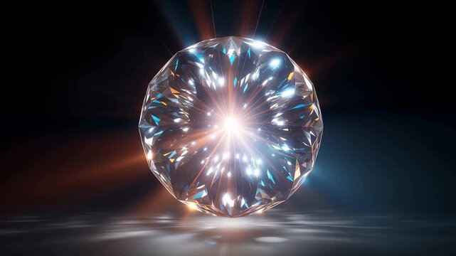 Shining cut diamond glowing in the dark with rays of light and reflections around it