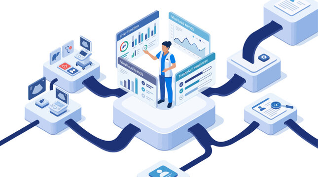 Isometric medical data analytics illustration with doctor analyzing liver function and viral load charts for digital healthcare transformation and patient monitoring