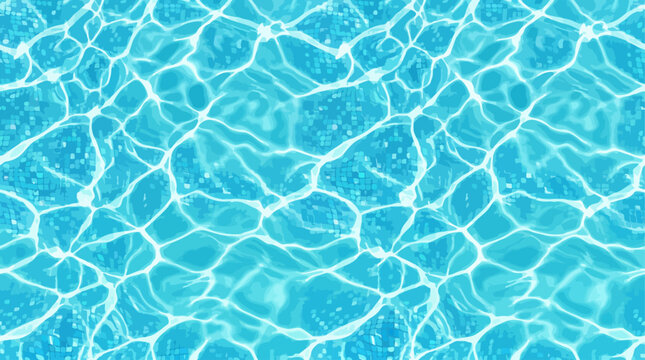 Isometric blue swimming pool water surface background with caustic light reflections and tiled bottom texture for summer design projects