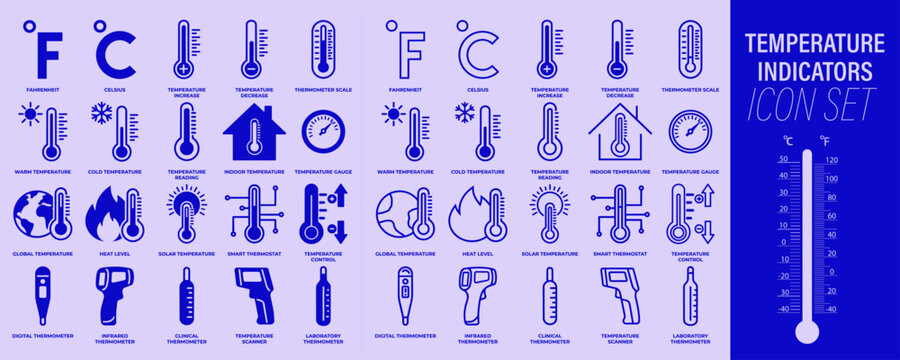 Temperature indicator icon set with thermometer, temperature measurement, thermal sensor and climate monitoring line icons in monochrome blue style