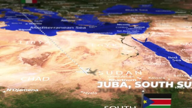 Flight From Rome ITALY to Juba SOUTH SUDAN with flag pins