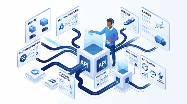 Isometric API integration and logistics management concept with digital operator and data flow icons for software development and supply chain automation in blue professional style