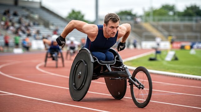 Racing wheelchair athlete speeds along a track, showing adaptive sport, athletic performance, motion and competitive training. Disability sport