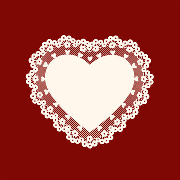 Craft lacy heart frame with ornamental doily details. Shabby chic and grandmillennial vibes. Burgundy hand drawing background for greeting cards, wedding, invitations, holiday designs, social media