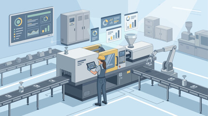 Fototapeta premium Isometric smart factory illustration with engineer using tablet for automated manufacturing process and digital production line monitoring with data visualization charts