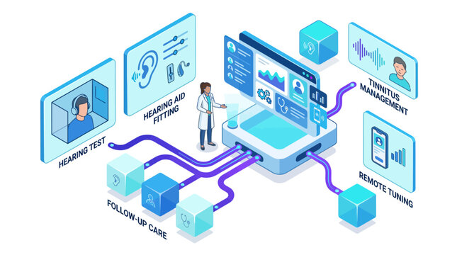 Isometric audiology clinic concept with digital hearing aid fitting and remote tuning interface for medical presentation