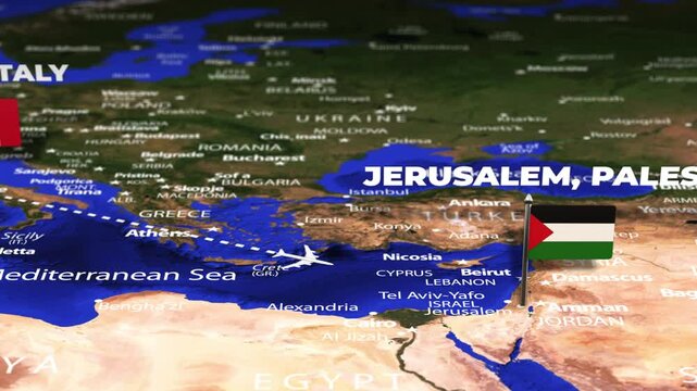 Flight From Rome ITALY to Jerusalem Palestine with flag pins