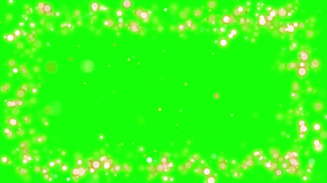 Bokeh border composed of shimmering golden light orbs creates a decorative rectangular frame against a solid green screen backdrop for professional video production and layering.
