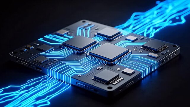 Electronic circuit board with glowing blue lines