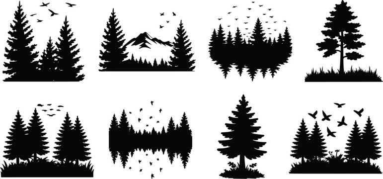 Modern Outdoor Nature Element Grid, Minimalist Bare Winter Tree Graphic Stamps, Mega Pine and Conifer Silhouette Collection, Mixed Forest Timber Vector Set.
