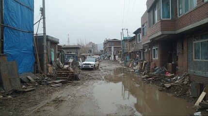Fototapeta premium Flooded street covered with mud, debris, damaged buildings and stranded SUV. Urban flood disaster aftermath highlighting property damage, recovery challenges and severe weather impact