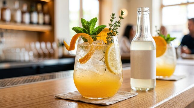 Fresh citrus mocktail with lemon, orange peel, mint and thyme served over ice on a wooden bar counter with a glass bottle and blurred cafe background in warm light for advertising and editorial design
