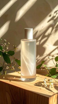 Aesthetic glass perfume bottle surrounded by delicate flowers, casting soft shadows on a wooden surface in natural sunlight.