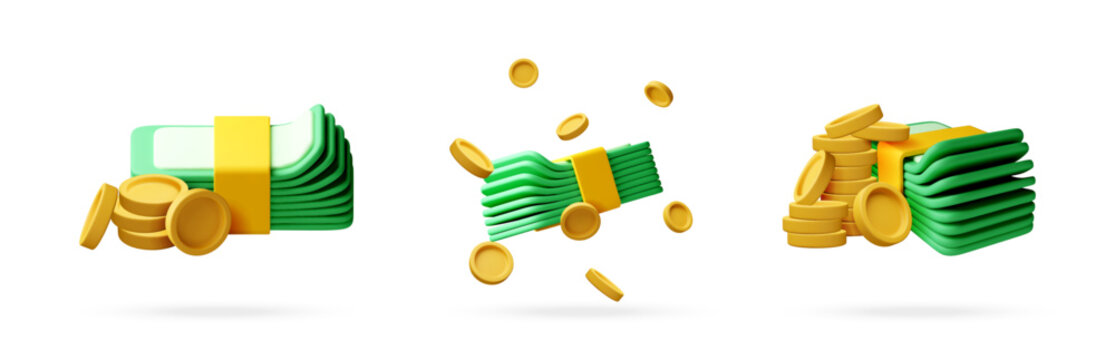 Set of 3d money icons with cash stack and gold coin. Bundle of currency for financial investment, banking, business growth, profit, saving and wealth management concept. Vector illustration