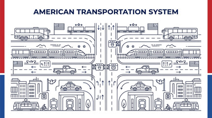Obraz premium Overview of the American Transportation System Featuring Roads, Trains, and Buses