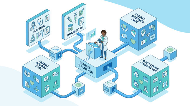 Isometric refugee health hub infographic with doctor managing trauma informed care and resettlement coordination workflow in blue medical style