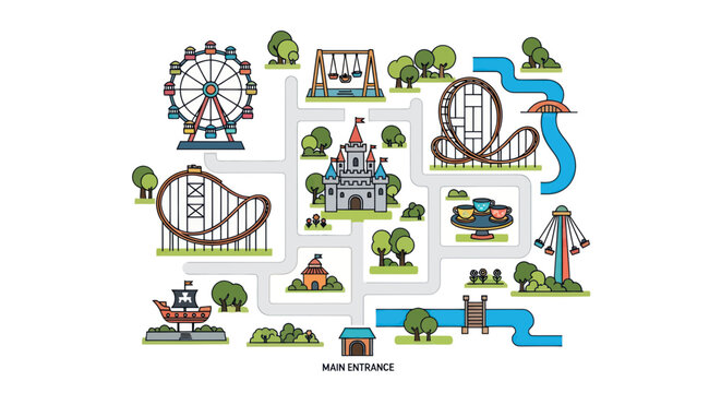 Amusement park map with rides and attractions