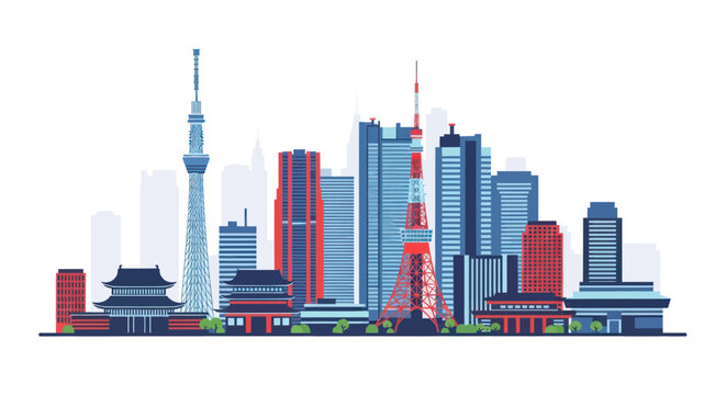 Tokyo city skyline featuring iconic towers and traditional temples