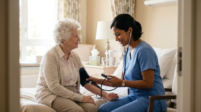Home healthcare nurse checking blood pressure of an elderly woman in a bright bedroom, offering calm bedside care and friendly support during a routine medical visit for advertising and editorial desi