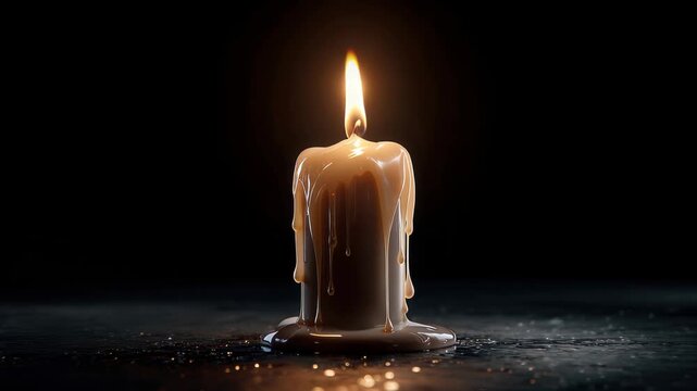 Candle burns slowly and creates wax drips on a dark surface in a low light setting during nighttime