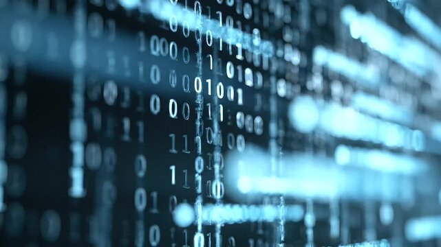 Binary code cascading on a dark background with varying opacity digits and cool ambient glow creating a technical atmosphere suited for cybersecurity awareness campaigns,
