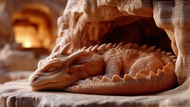 Sleeping Dragon Sculpture: A intricately carved wooden sculpture of a sleeping dragon, nestled within a rocky cave, evokes a sense of ancient fantasy and quiet power.